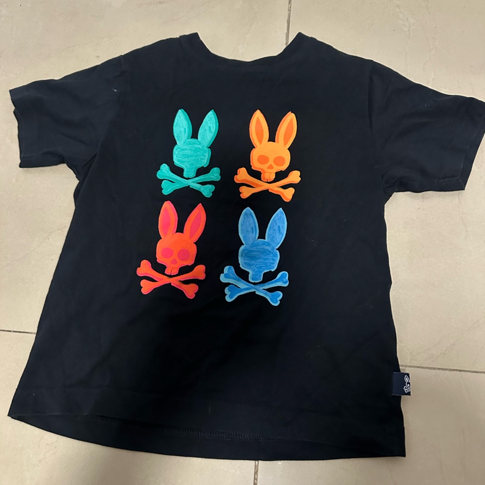 Psycho Bunny Kids Black Tee with Colorful Bunny Graphics